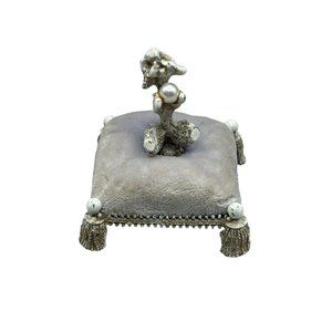 Vtg Florenza French Poodle Pincushion Dog Pearl Pillow White Enamel Grey Velvet